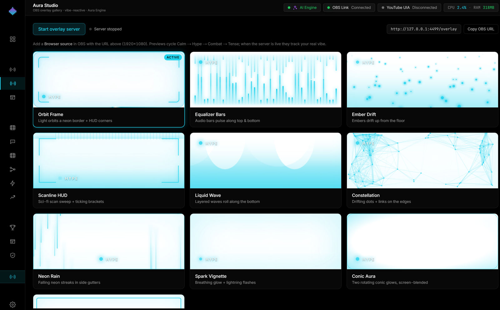 The Aura Studio overlay gallery showing vibe-reactive OBS overlays with the active one highlighted