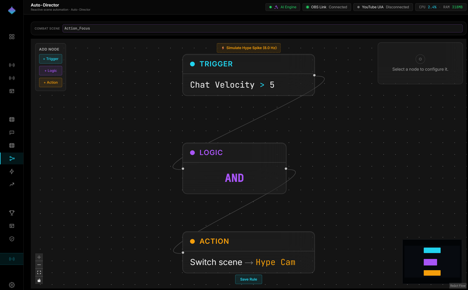 The Auto-Hype Director node canvas with a chat velocity trigger connected through an AND gate into an OBS scene switch action