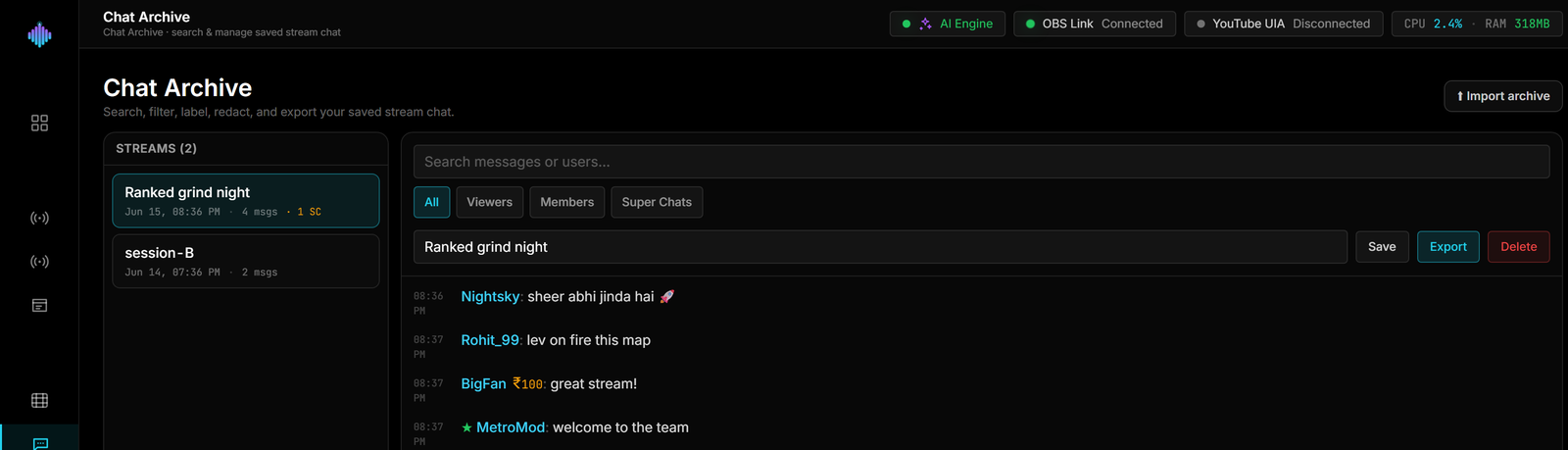 The streamerOS Chat Archive searching saved stream chat held locally on the machine