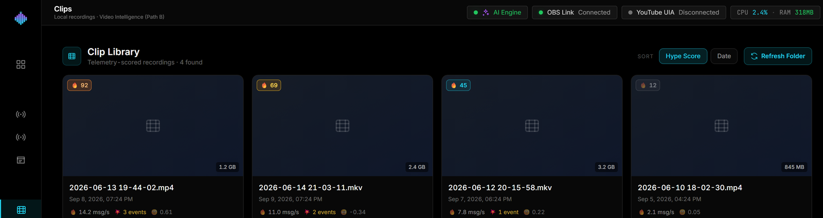 The streamerOS Clip Library listing local recordings ranked by hype score, with per-clip chat peaks and event counts