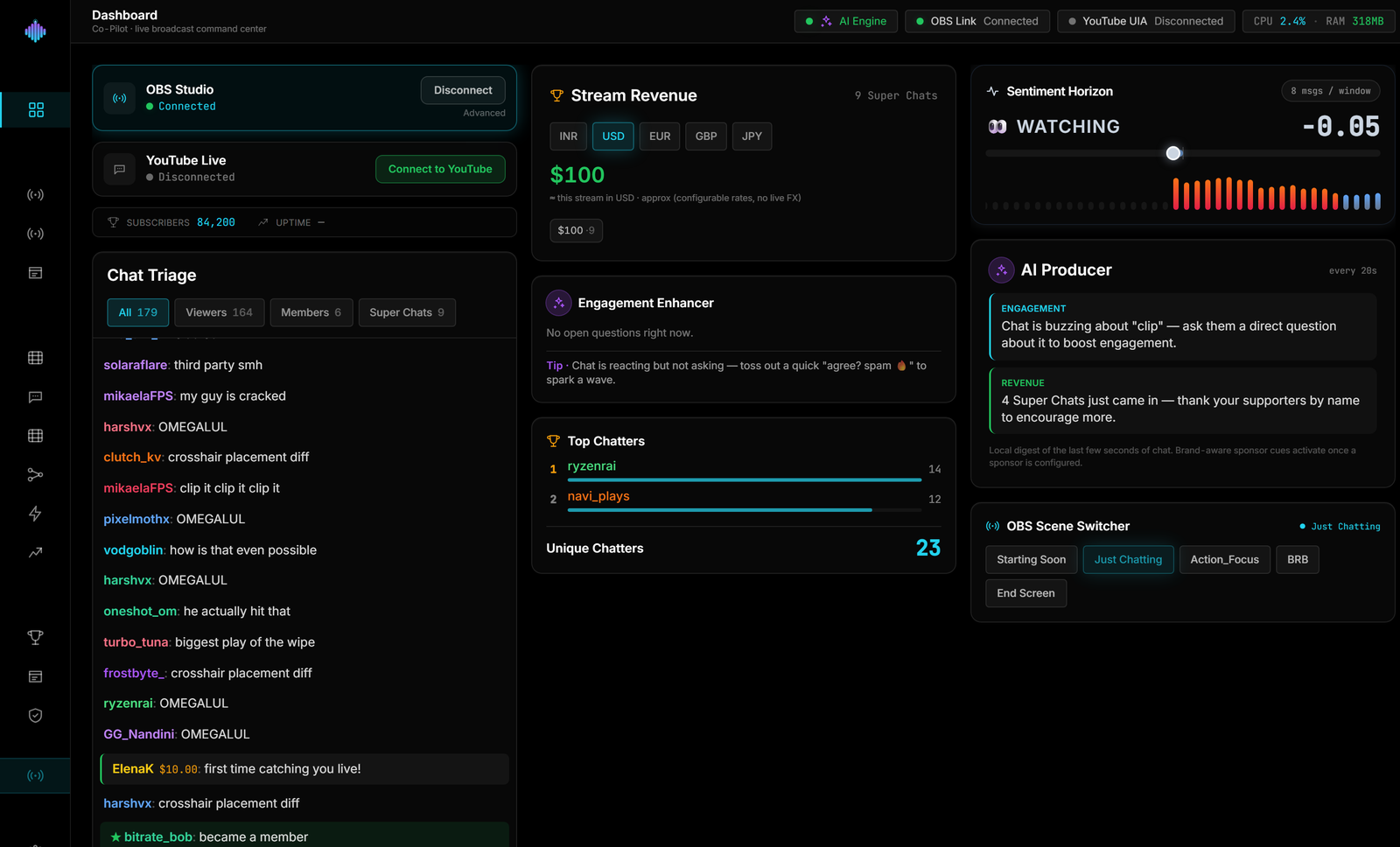 The streamerOS cockpit during a live stream, with chat triage, super chat revenue, live sentiment, an AI producer digest and the OBS scene switcher side by side