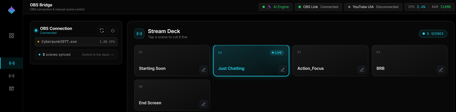 The streamerOS OBS Bridge with a connected OBS instance and five scenes synced into a stream deck