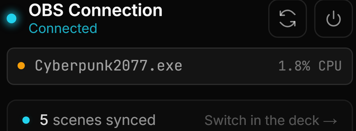 The OBS Connection card showing a connected instance running Cyberpunk2077 at 1.8% CPU with five scenes synced