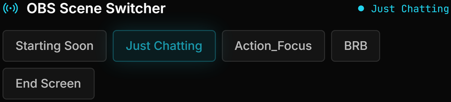 The OBS Scene Switcher panel listing five scenes with the live scene highlighted