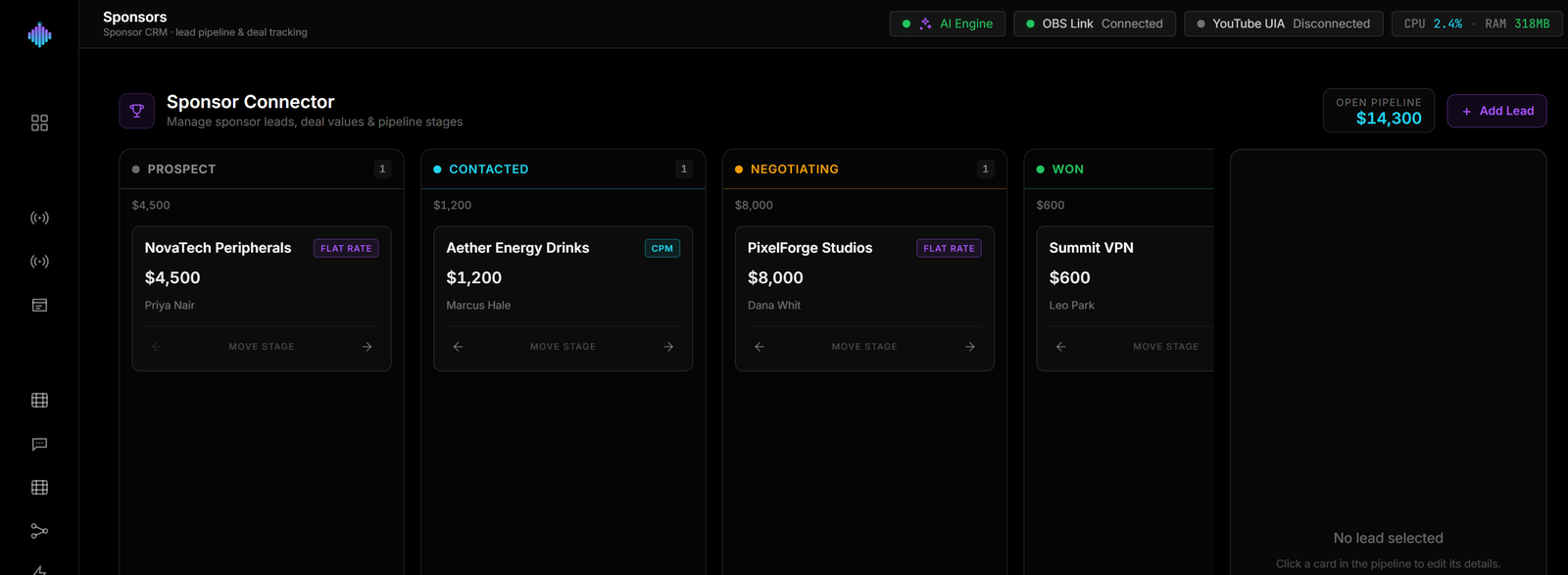 The streamerOS sponsor pipeline with leads across prospect, contacted, negotiating and won stages and a running open-pipeline total